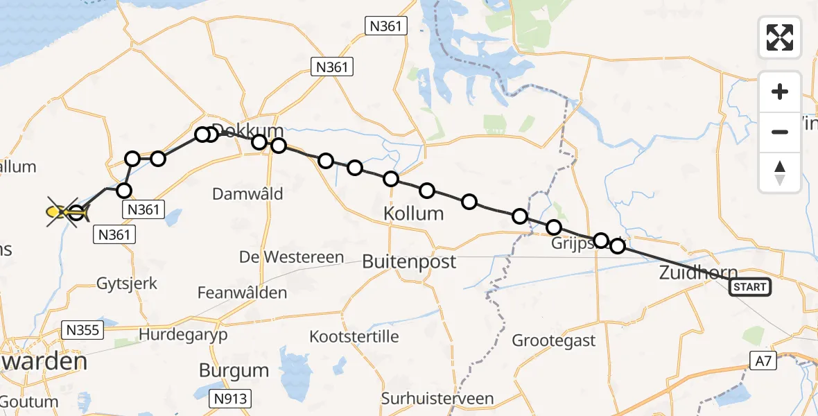 Routekaart van de vlucht: Ambulanceheli naar Wânswert