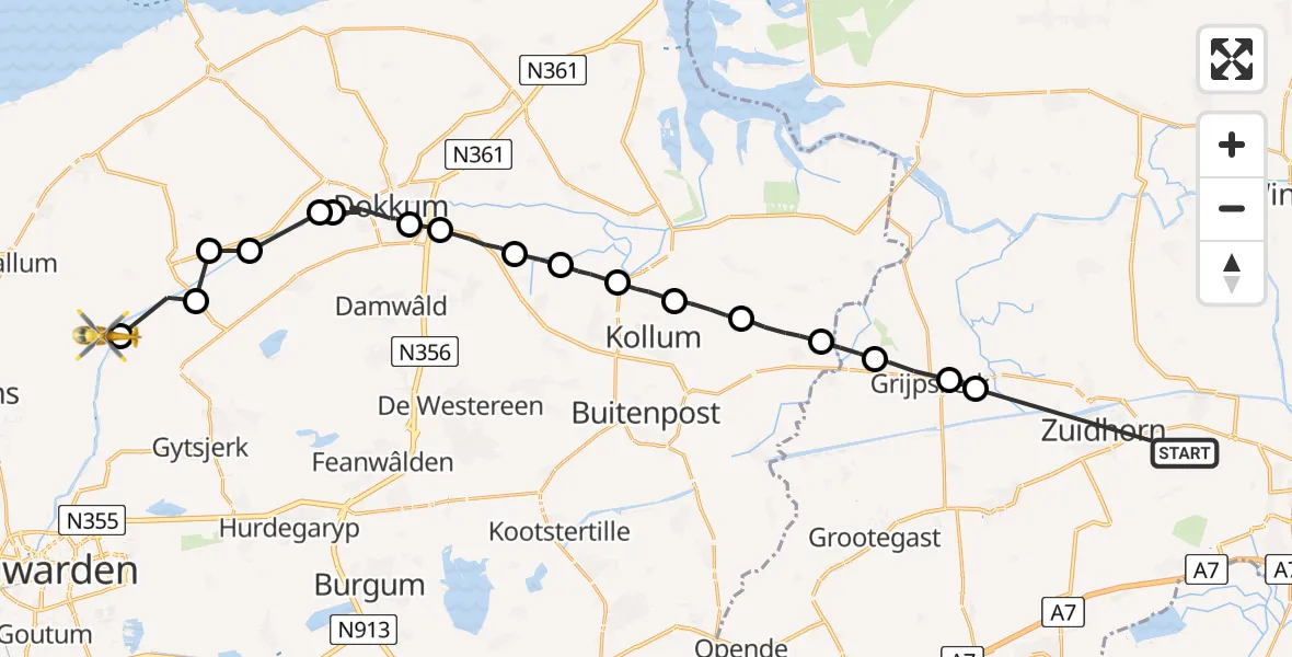 Vluchtroute Ambulancehelikopter Den Horn - Wânswert, 27 juni 2023, 08:29