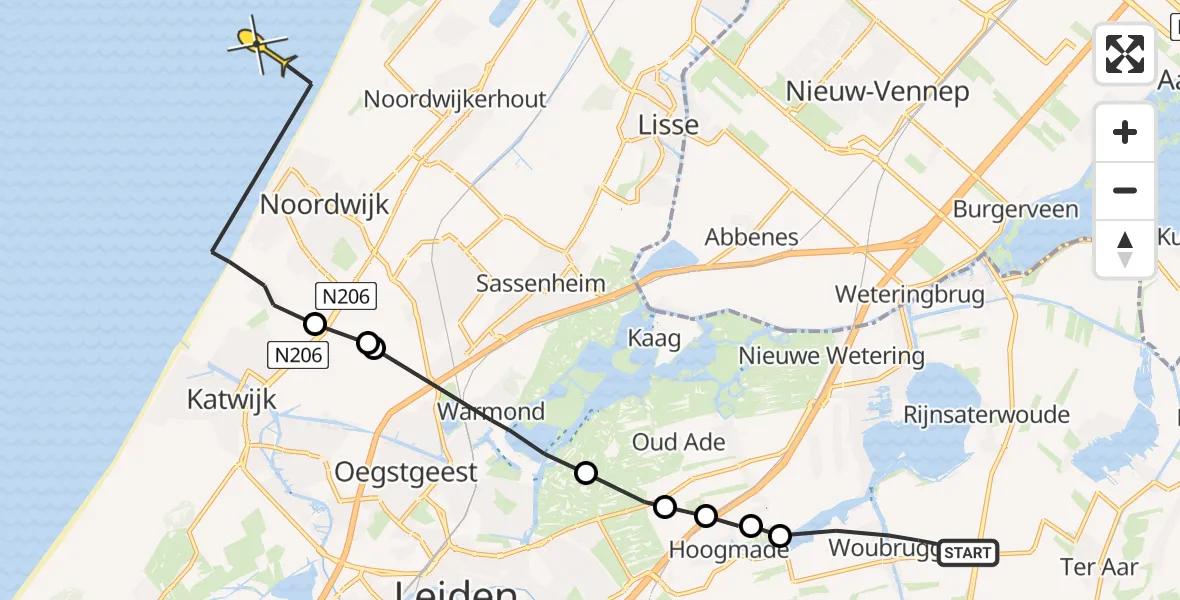 Routekaart van de vlucht: Politiehelikopter naar Noordwijk