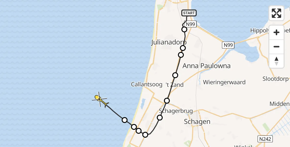 Vluchtroute Politiehelikopter van Vliegveld De Kooy naar 