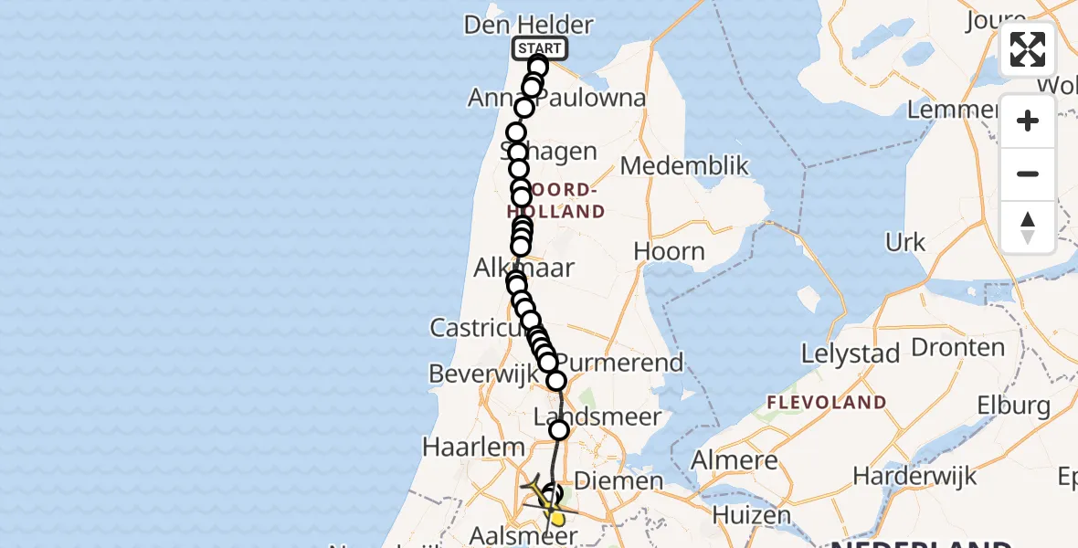 Routekaart van de vlucht: Politieheli naar Schiphol