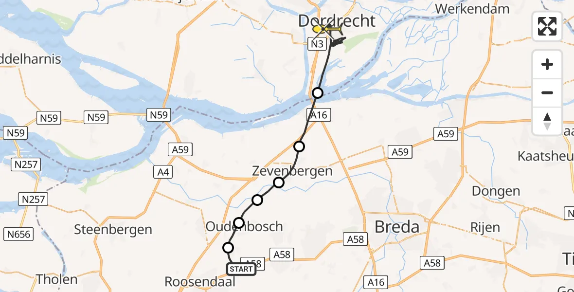 Routekaart van de vlucht: Politiehelikopter naar Dordrecht