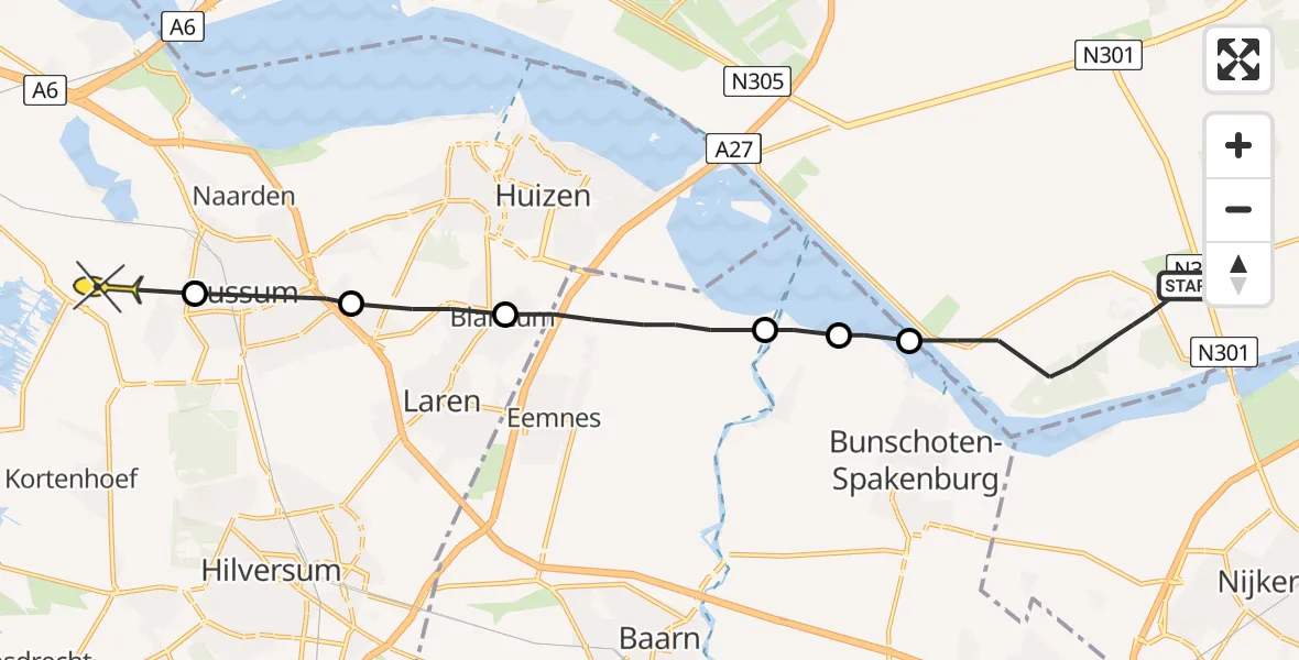 Routekaart van de vlucht: Politieheli naar Hilversum