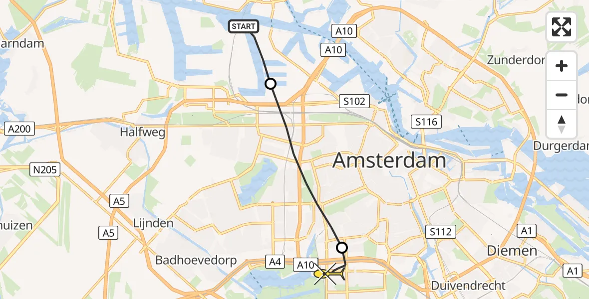 Routekaart van de vlucht: Lifeliner 1 naar VU Medisch Centrum Amsterdam