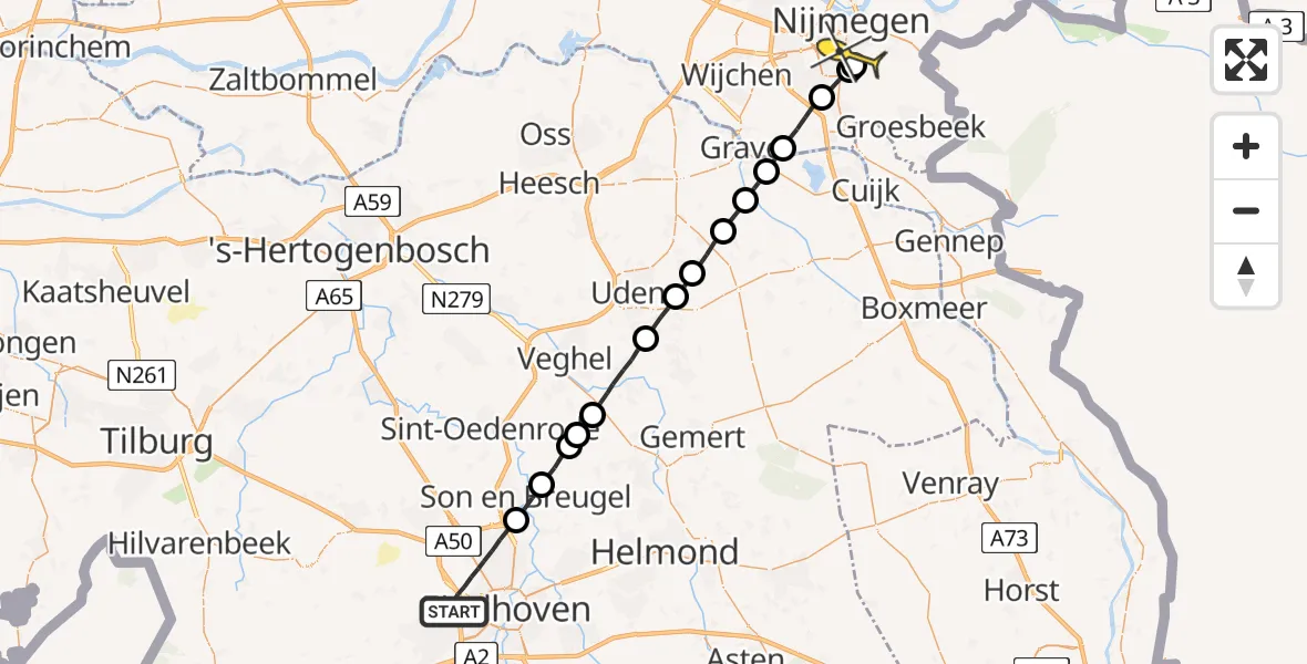 Routekaart van de vlucht: Lifeliner 3 naar Radboud Universitair Medisch Centrum