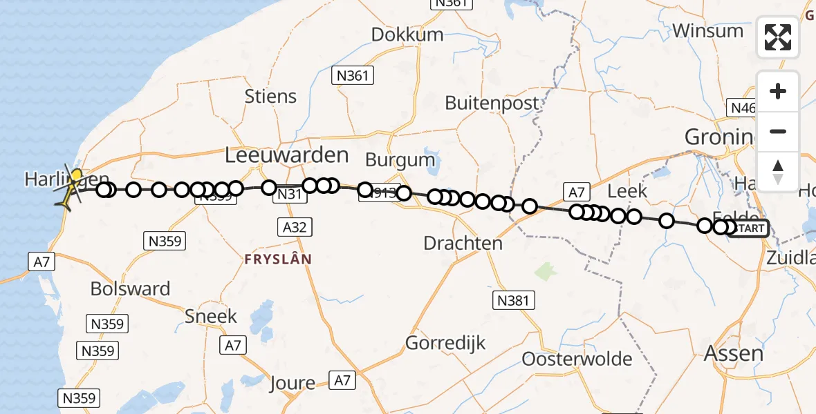 Routekaart van de vlucht: Lifeliner 4 naar Harlingen