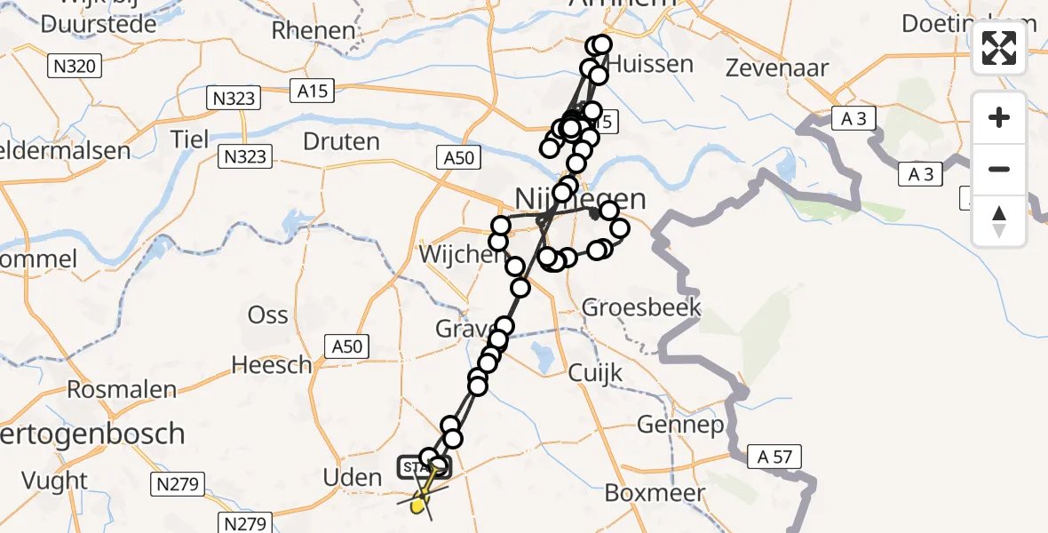 Routekaart van de vlucht: Politieheli naar Vliegbasis Volkel