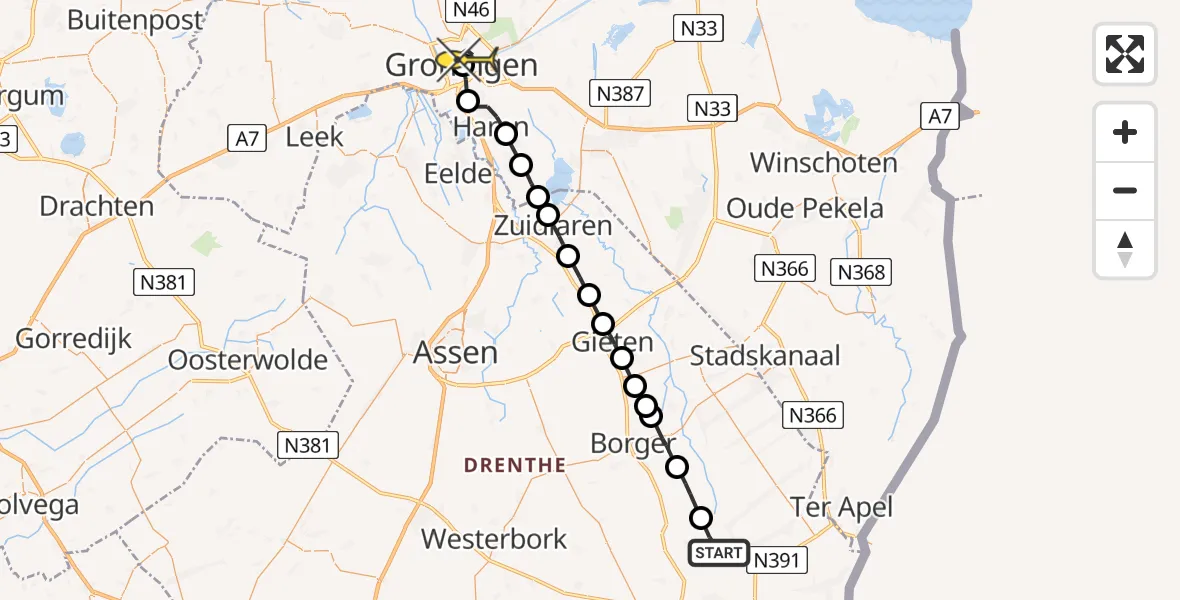 Routekaart van de vlucht: Lifeliner 4 naar Universitair Medisch Centrum Groningen