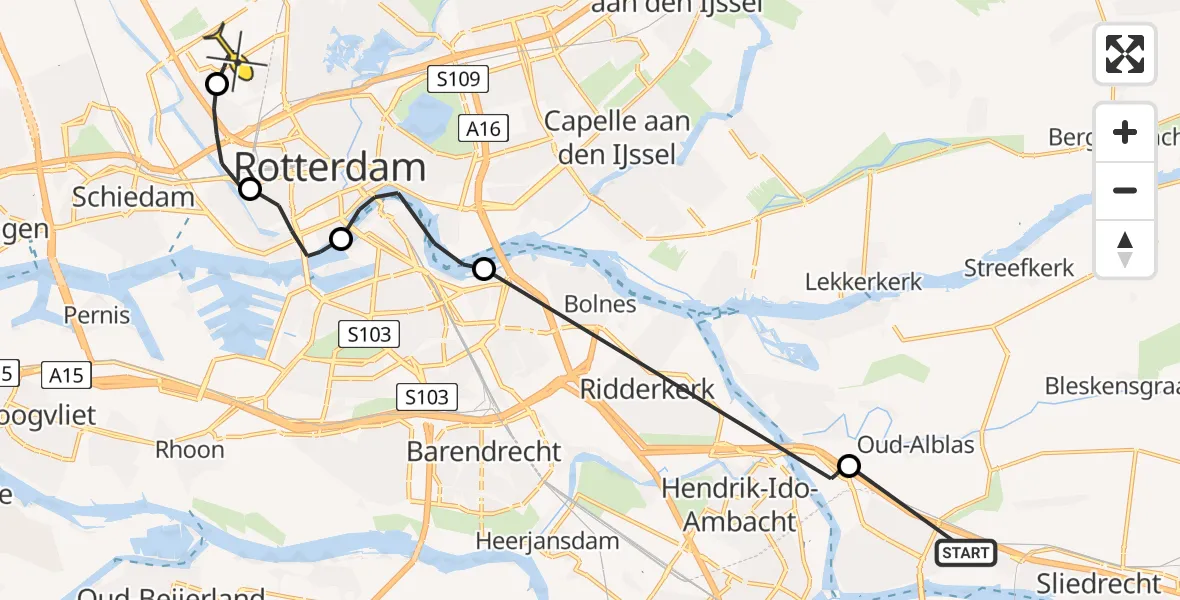 Routekaart van de vlucht: Politiehelikopter naar Rotterdam The Hague Airport