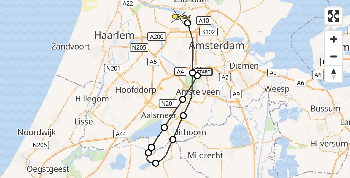 Routekaart van de vlucht: Lifeliner 1 naar Amsterdam Heliport