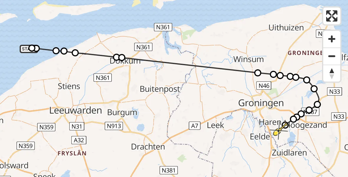 Routekaart van de vlucht: Ambulancehelikopter naar Onnen