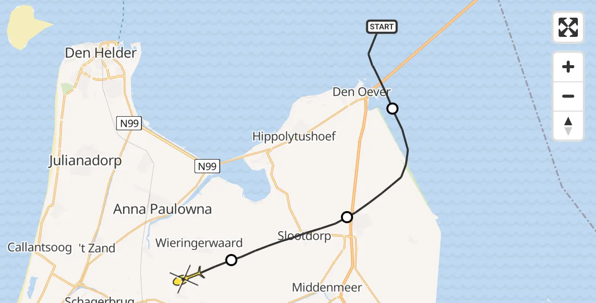 Routekaart van de vlucht: Politiehelikopter naar Wieringerwaard