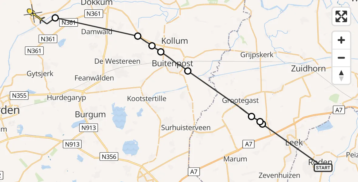 Routekaart van de vlucht: Ambulancehelikopter naar Jislum