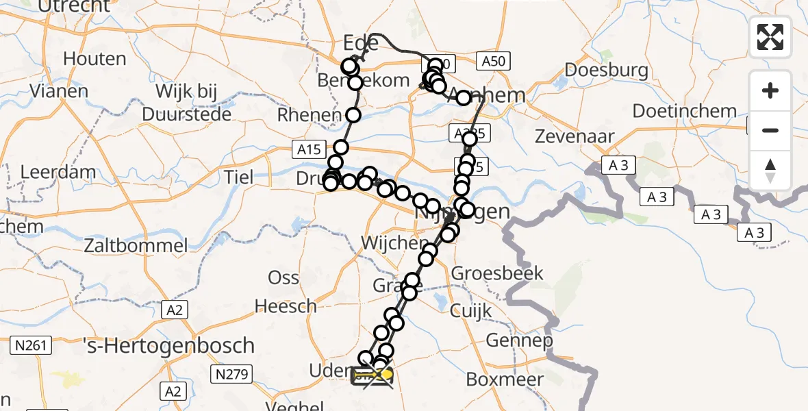 Routekaart van de vlucht: Politieheli naar Vliegbasis Volkel