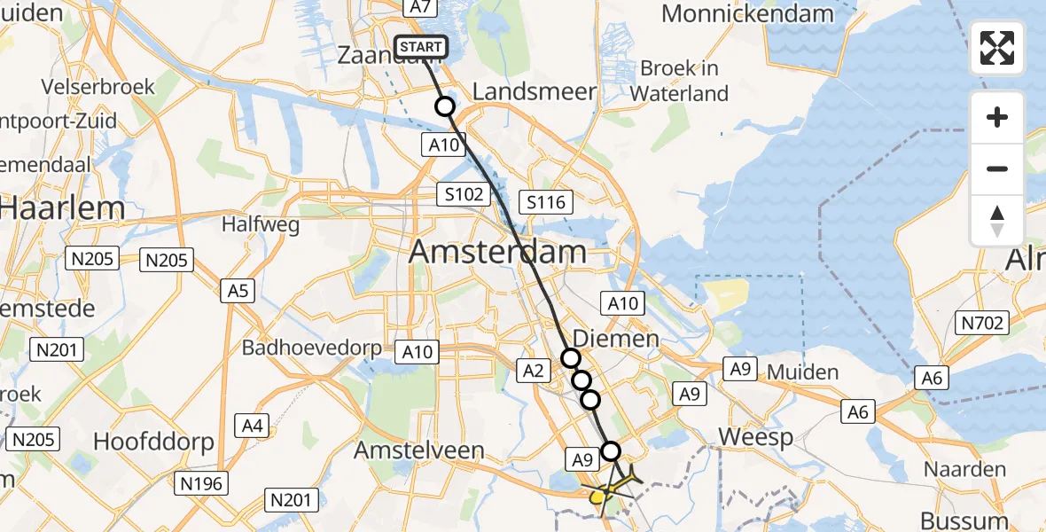 Routekaart van de vlucht: Lifeliner 1 naar Academisch Medisch Centrum (AMC)