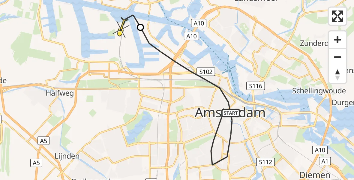 Routekaart van de vlucht: Lifeliner 1 naar Amsterdam Heliport