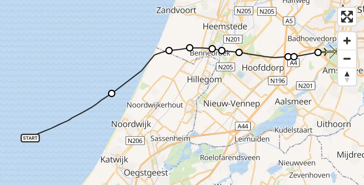 Routekaart van de vlucht: Politieheli naar Amstelveen