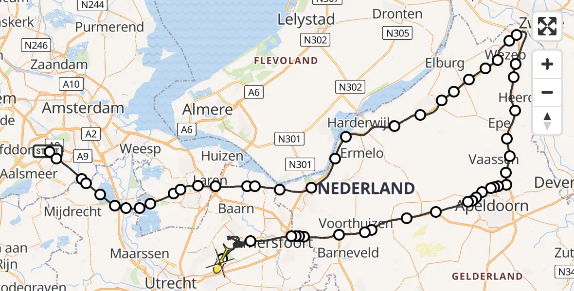 Routekaart van de vlucht: Politieheli naar Huis ter Heide