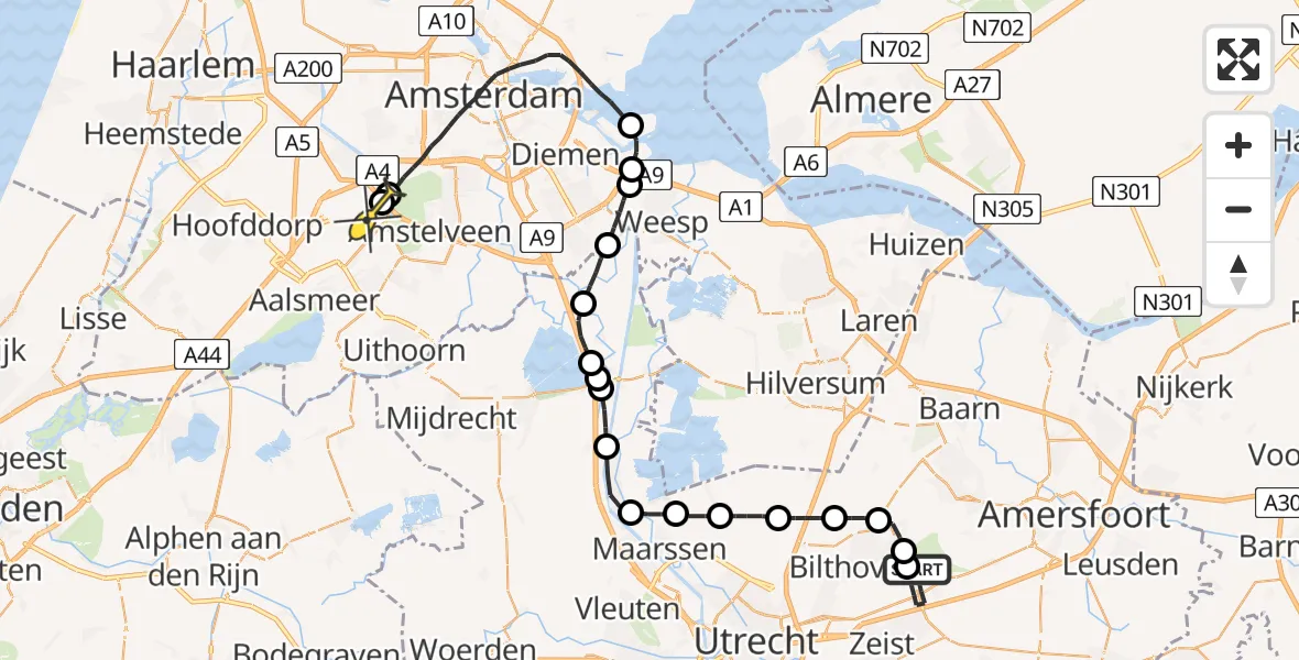 Routekaart van de vlucht: Politiehelikopter naar Schiphol