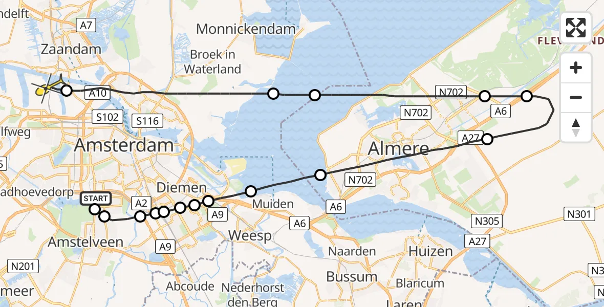 Routekaart van de vlucht: Lifeliner 1 naar Amsterdam Heliport