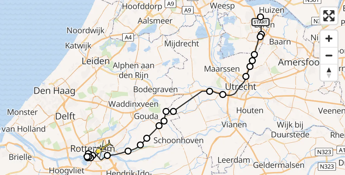 Routekaart van de vlucht: Politieheli naar Rotterdam