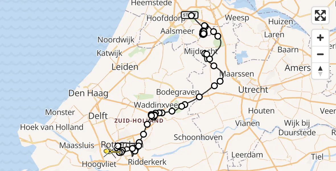 Routekaart van de vlucht: Politieheli naar Rotterdam