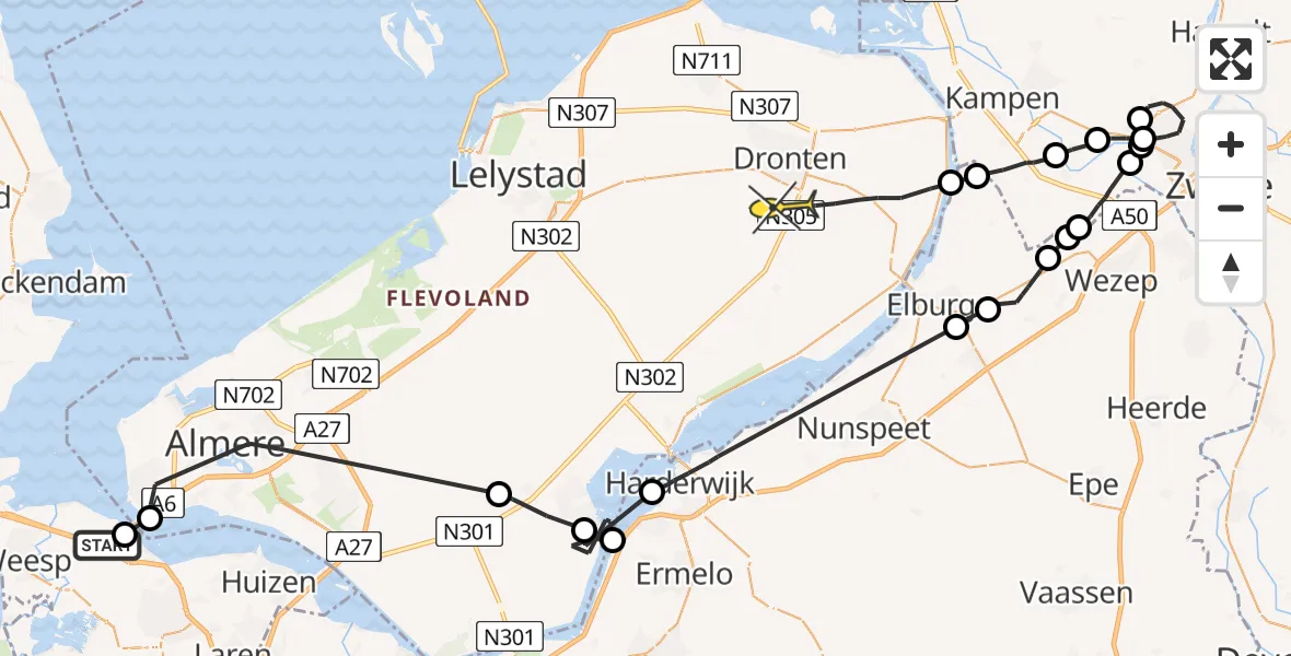 Routekaart van de vlucht: Politieheli naar Dronten