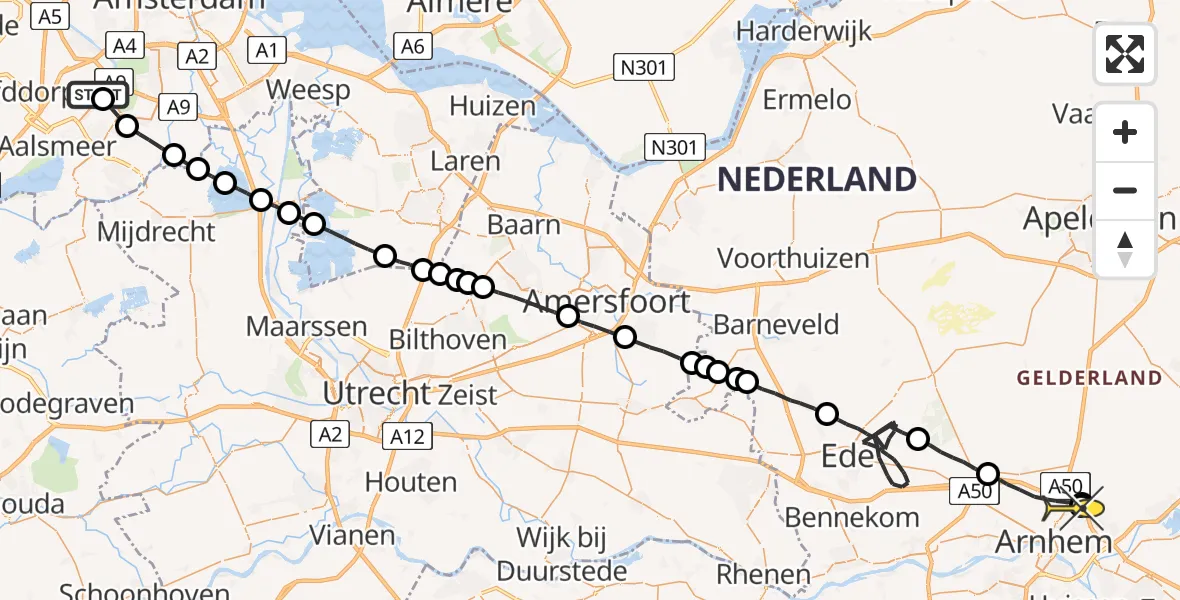 Routekaart van de vlucht: Politieheli naar Arnhem