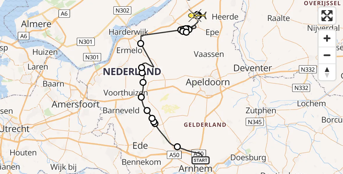 Routekaart van de vlucht: Politieheli naar 't Harde