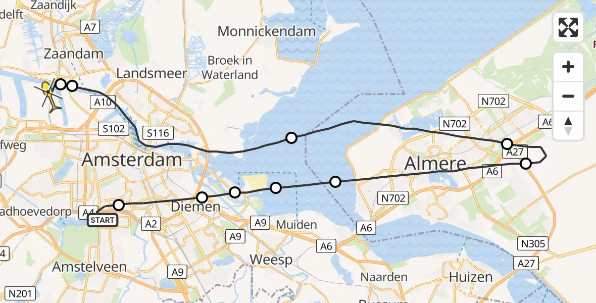 Routekaart van de vlucht: Lifeliner 1 naar Amsterdam Heliport