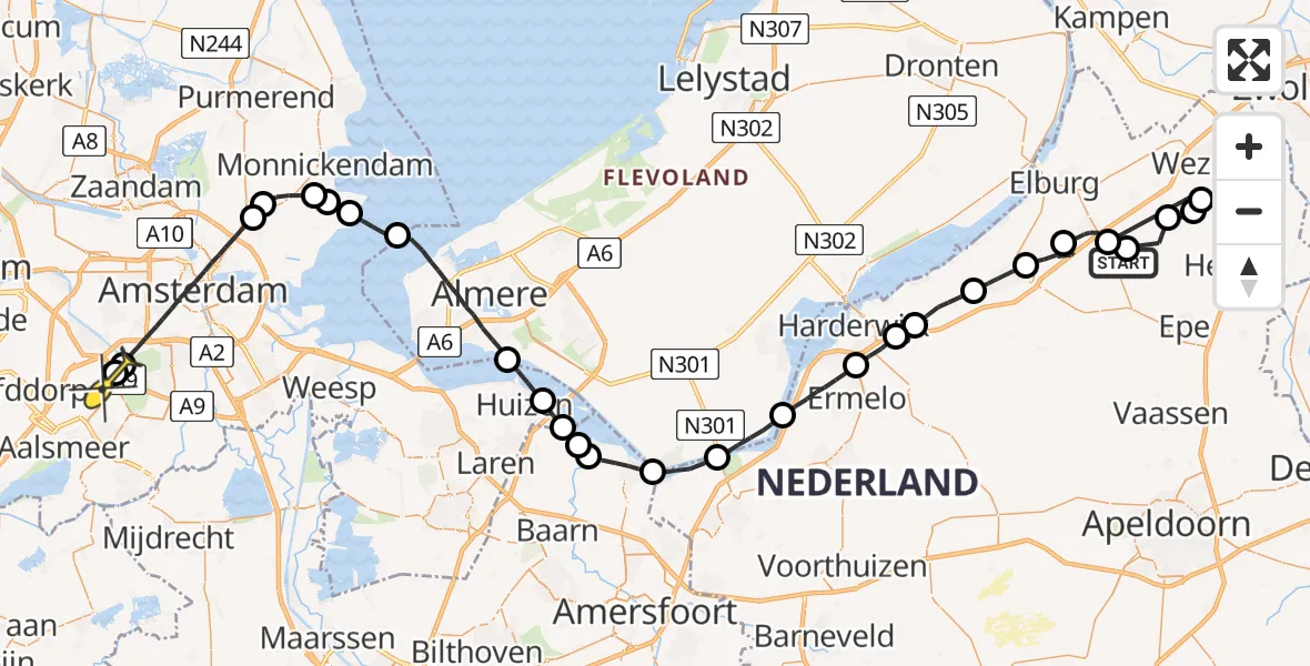 Routekaart van de vlucht: Politieheli naar Schiphol