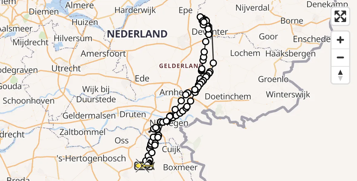 Routekaart van de vlucht: Politieheli naar Vliegbasis Volkel