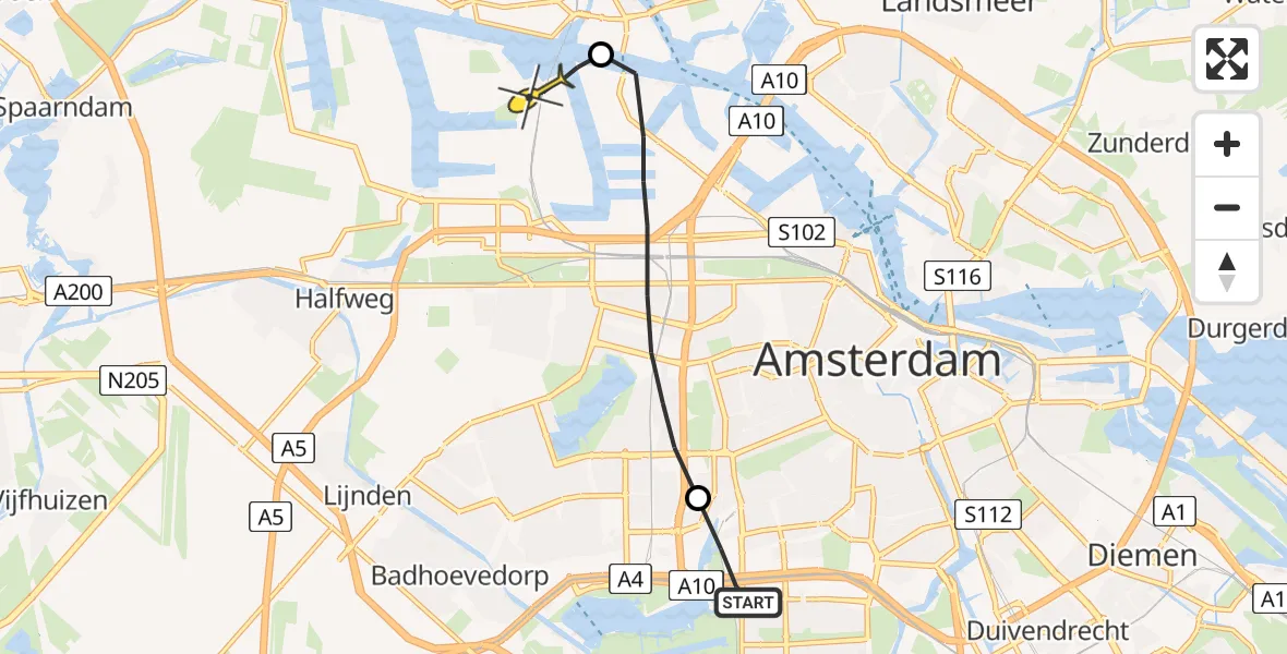 Routekaart van de vlucht: Lifeliner 1 naar Amsterdam Heliport