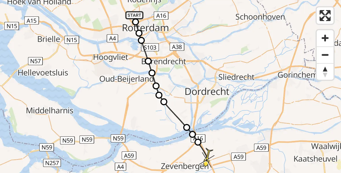 Routekaart van de vlucht: Lifeliner 2 naar Zevenbergschen Hoek