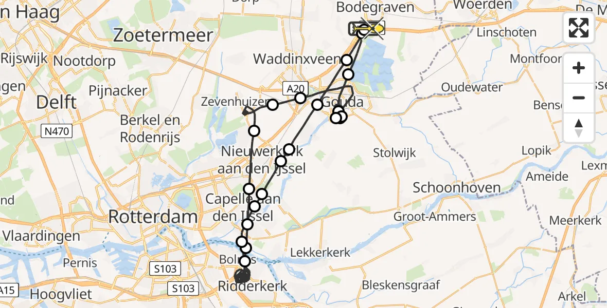 Routekaart van de vlucht: Politieheli naar Bodegraven