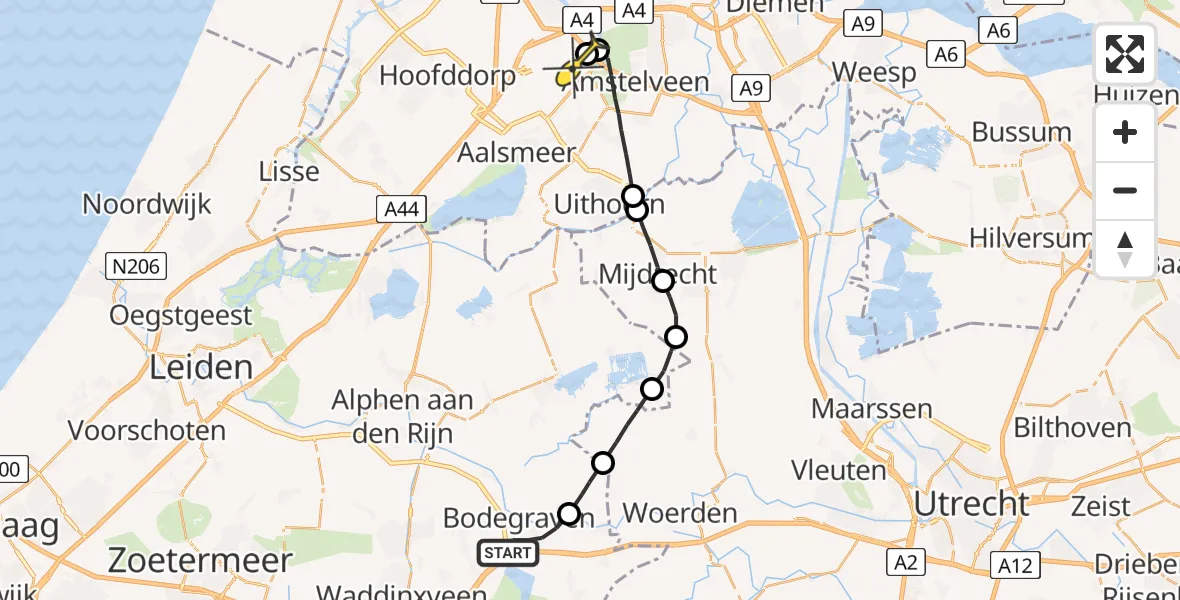 Routekaart van de vlucht: Politieheli naar Schiphol