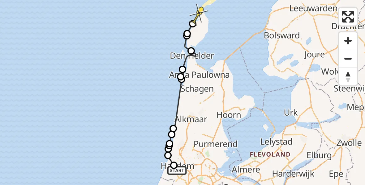 Routekaart van de vlucht: Politieheli naar De Cocksdorp