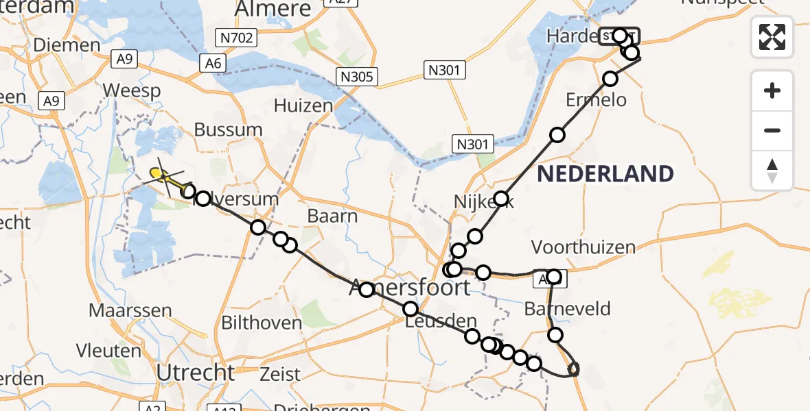 Routekaart van de vlucht: Politieheli naar Kortenhoef