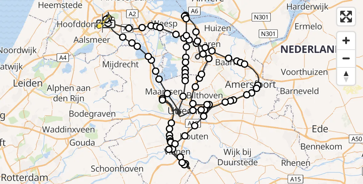 Routekaart van de vlucht: Politieheli naar Schiphol