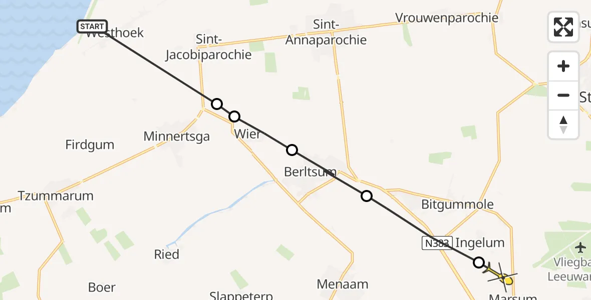 Routekaart van de vlucht: Ambulanceheli naar Marsum