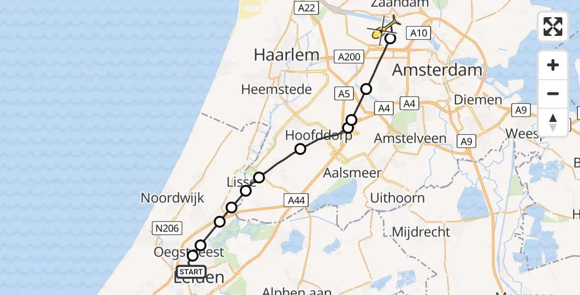 Routekaart van de vlucht: Lifeliner 1 naar Amsterdam Heliport