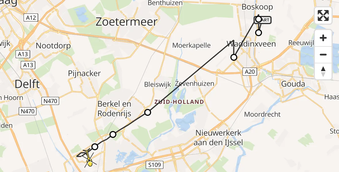 Routekaart van de vlucht: Politieheli naar Rotterdam The Hague Airport