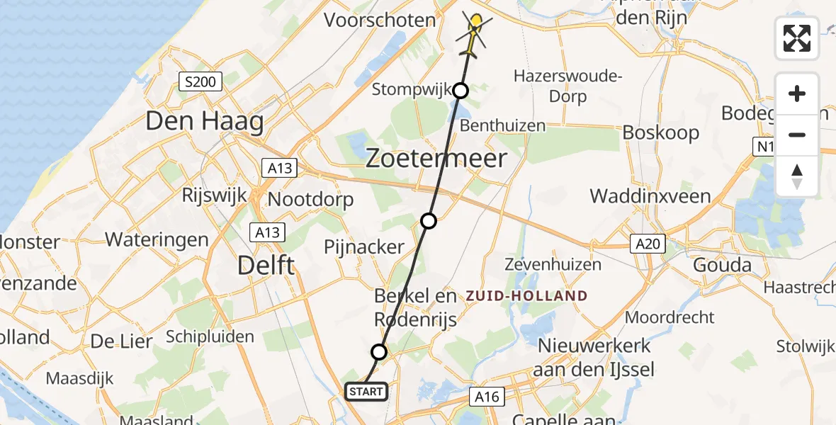 Routekaart van de vlucht: Politiehelikopter naar Zoeterwoude