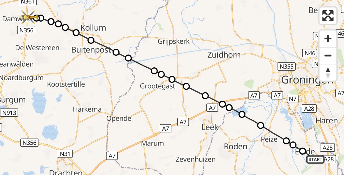 Vluchtroute Traumahelikopter Groningen Airport Eelde - Wâlterswâld, 01 juli 2023, 10:58