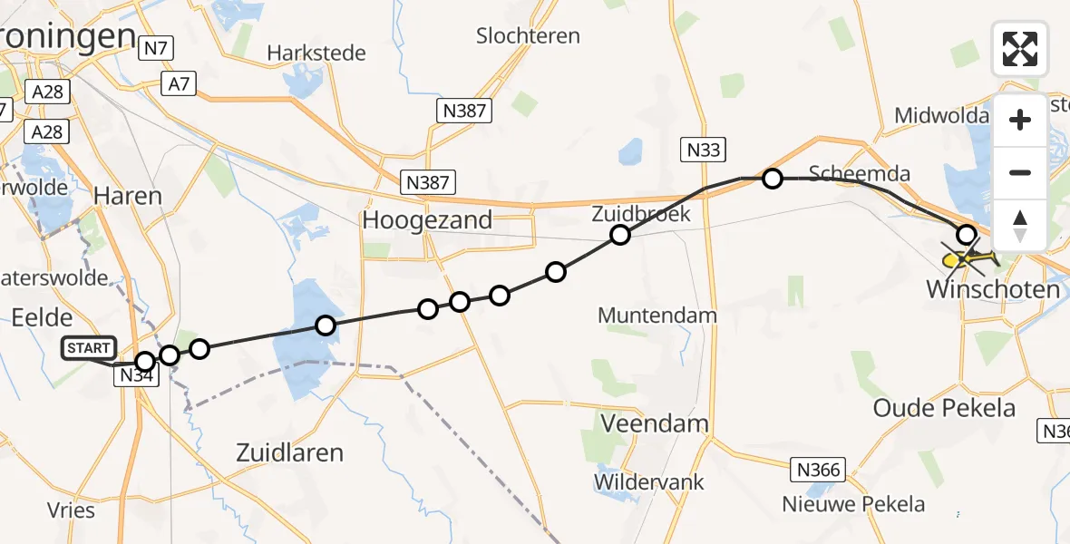 Routekaart van de vlucht: Lifeliner 4 naar Winschoten