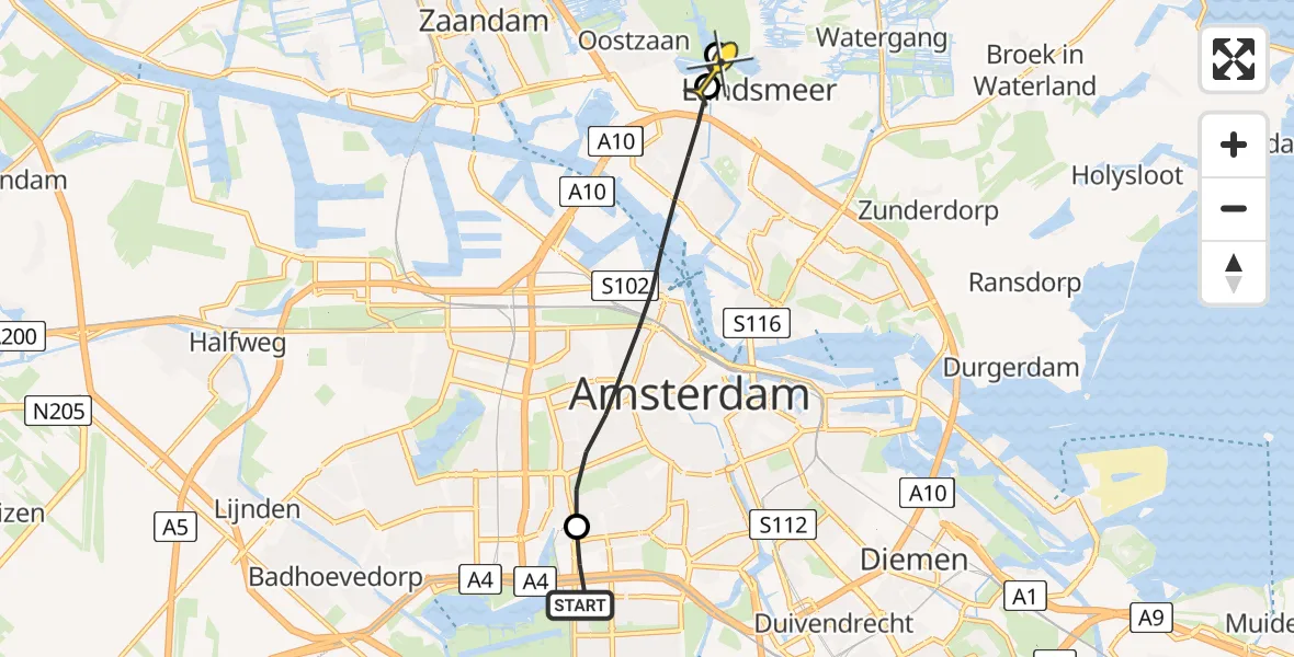 Routekaart van de vlucht: Lifeliner 1 naar Landsmeer