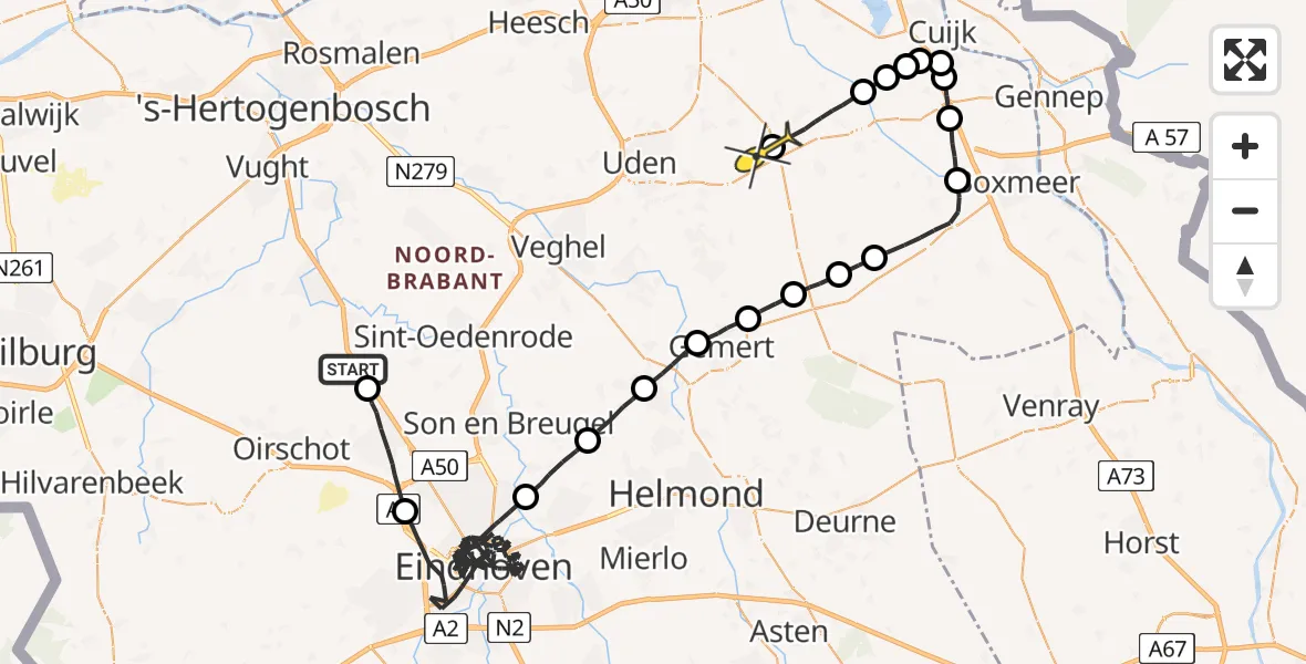 Routekaart van de vlucht: Politieheli naar Volkel