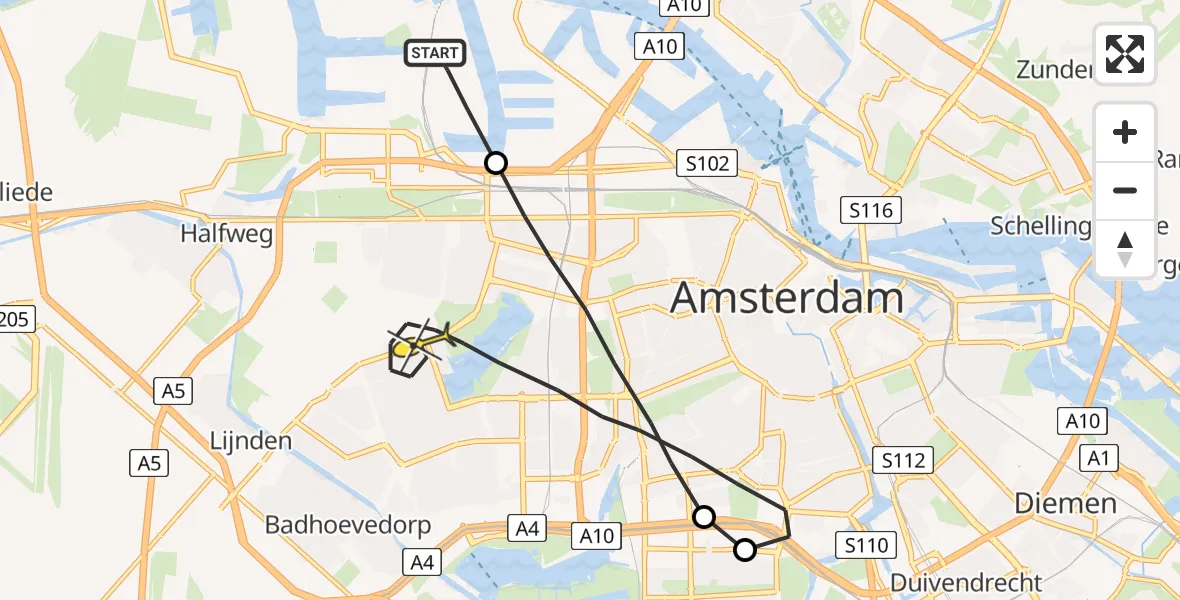 Routekaart van de vlucht: Lifeliner 1 naar Amsterdam