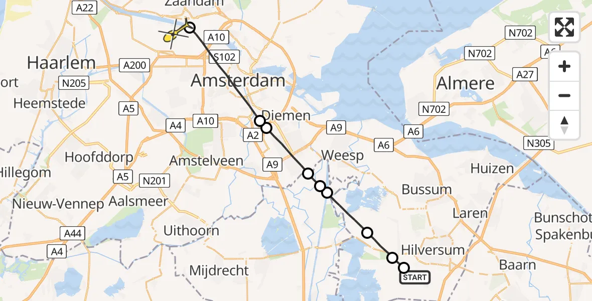 Routekaart van de vlucht: Lifeliner 1 naar Amsterdam Heliport