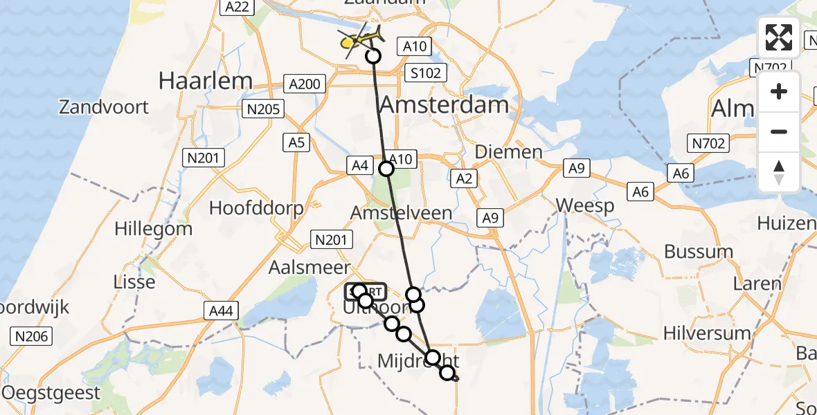 Routekaart van de vlucht: Lifeliner 1 naar Amsterdam Heliport